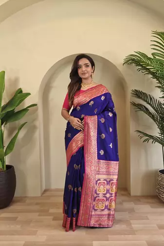 Blue Banarasi silk blend saree with zari weaving Meenakari design