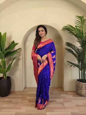 Blue Banarasi silk blend saree with zari weaving Meenakari design 4