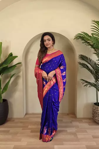 Blue Banarasi silk blend saree with zari weaving Meenakari design