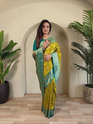 Lemon yellow Banarasi silk blend saree with zari weaving Meenakari design 4