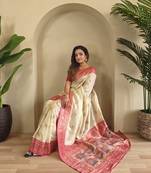 White Banarasi silk blend saree with zari weaving Meenakari design