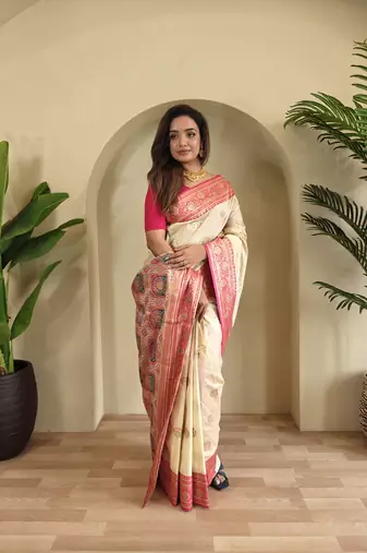White Banarasi silk blend saree with zari weaving Meenakari design