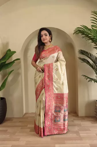 White Banarasi silk blend saree with zari weaving Meenakari design