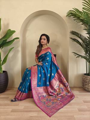 Teal blue Banarasi silk blend saree with zari weaving Meenakari design 1