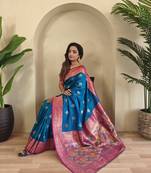 Teal blue Banarasi silk blend saree with zari weaving Meenakari design