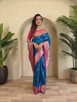 Teal blue Banarasi silk blend saree with zari weaving Meenakari design 4