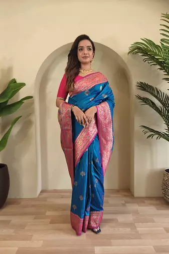 Teal blue Banarasi silk blend saree with zari weaving Meenakari design