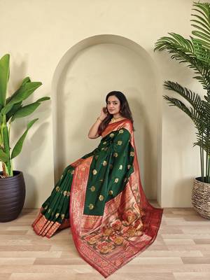 Green Banarasi silk blend saree with zari weaving Meenakari design 1