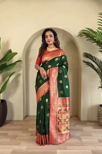 Green Banarasi silk blend saree with zari weaving Meenakari design