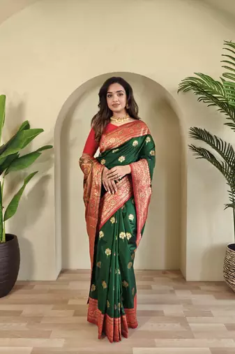 Green Banarasi silk blend saree with zari weaving Meenakari design