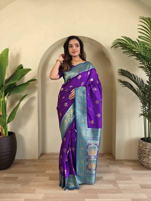 violet Banarasi silk blend saree with zari weaving Meenakari design 1
