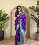violet Banarasi silk blend saree with zari weaving Meenakari design