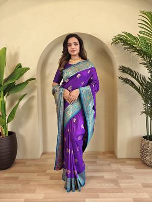violet Banarasi silk blend saree with zari weaving Meenakari design 3