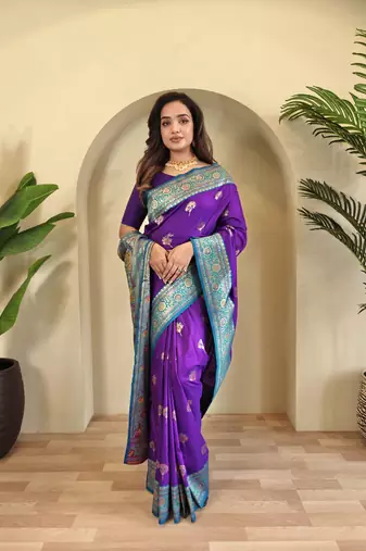 violet Banarasi silk blend saree with zari weaving Meenakari design