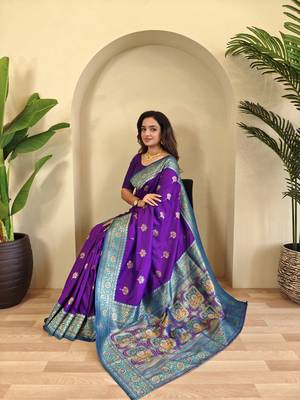 violet Banarasi silk blend saree with zari weaving Meenakari design 4