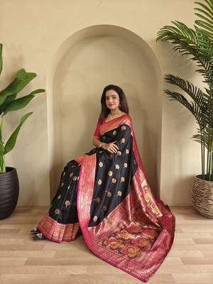 Black Banarasi silk blend saree with zari weaving Meenakari design 1