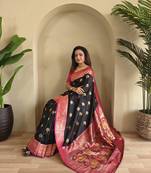 Black Banarasi silk blend saree with zari weaving Meenakari design