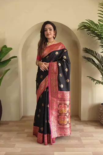 Black Banarasi silk blend saree with zari weaving Meenakari design