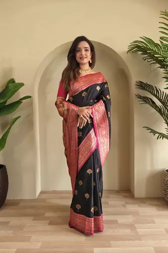 Black Banarasi silk blend saree with zari weaving Meenakari design