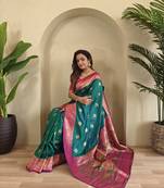 Sea green Banarasi silk blend saree with zari weaving Meenakari design
