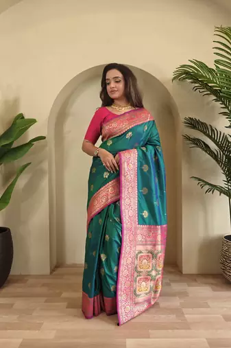 Sea green Banarasi silk blend saree with zari weaving Meenakari design