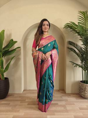 Sea green Banarasi silk blend saree with zari weaving Meenakari design 4