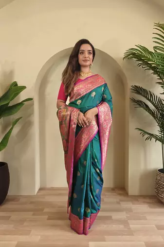 Sea green Banarasi silk blend saree with zari weaving Meenakari design