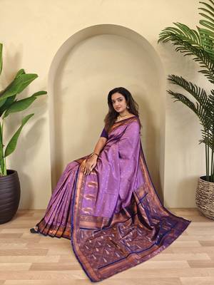 Onion pink Banarasi silk blend saree with zari weaving Meenakari design 1