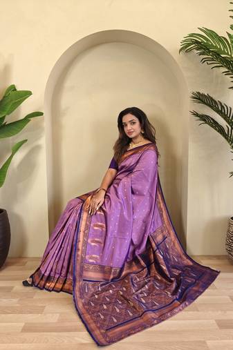 Onion pink Banarasi silk blend saree with zari weaving Meenakari design