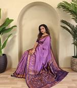 Onion pink Banarasi silk blend saree with zari weaving Meenakari design