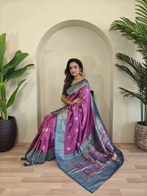 Onion pink Banarasi silk blend saree with zari weaving Meenakari design 3