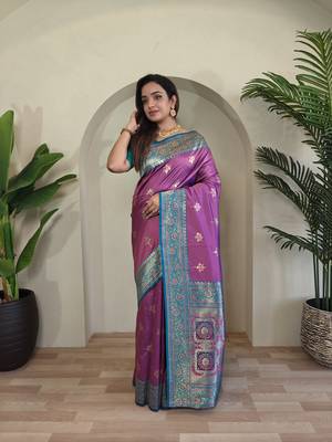 Onion pink Banarasi silk blend saree with zari weaving Meenakari design 4