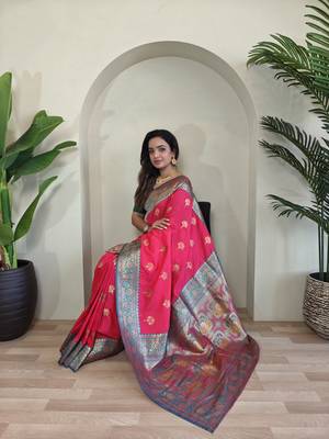 Pink Banarasi silk blend saree with zari weaving Meenakari design 1