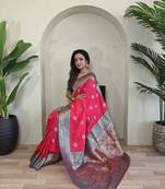 Pink Banarasi silk blend saree with zari weaving Meenakari design
