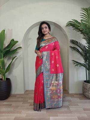 Pink Banarasi silk blend saree with zari weaving Meenakari design 3