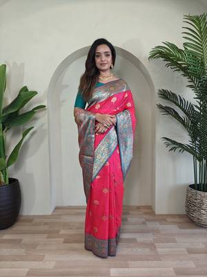 Pink Banarasi silk blend saree with zari weaving Meenakari design 4