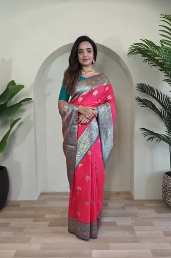 Pink Banarasi silk blend saree with zari weaving Meenakari design