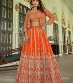 Orange Chinnon Heavy Embroidered Koti Style Lehenga Choli