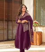  purple plain silk pant style kurti suit with duppatta