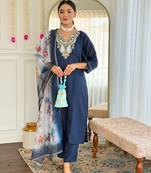 blue embroidered art silk pant style kurti suit with duppatta