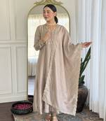  sky embroidered chanderi pant style kurti suit with duppatta