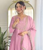  pink embroidered silk pant style kurti suit with duppatta