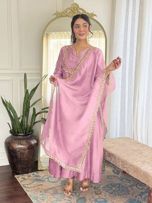  pink embroidered silk pant style kurti suit with duppatta 2