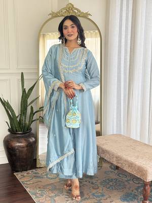  sky embroidered silk pant style kurti suit with duppatta 1