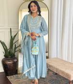  sky embroidered silk pant style kurti suit with duppatta