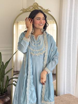  sky embroidered silk pant style kurti suit with duppatta 2