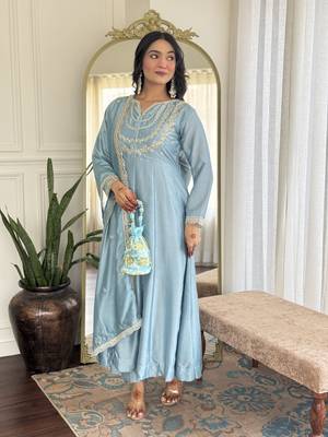  sky embroidered silk pant style kurti suit with duppatta 3