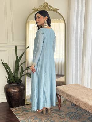  sky embroidered silk pant style kurti suit with duppatta 4