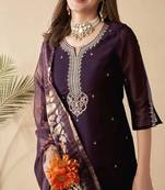  purple embroidered chanderi pant style kurti suit with duppatta