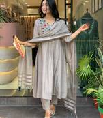  grey embroidered chinon pant style kurti suit with duppatta